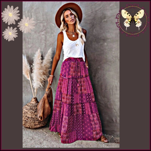 BOHO VIOLET & PINK PAISLY PRINT MAXI SKIRT WITH POCKETS SMALL - Picture 13 of 13